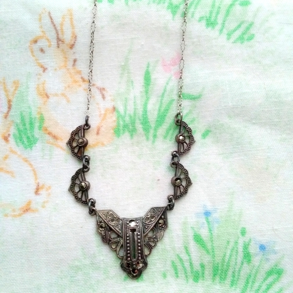 Antique Germany Sterling Silver Marcasite Necklace - Picture 3 of 16